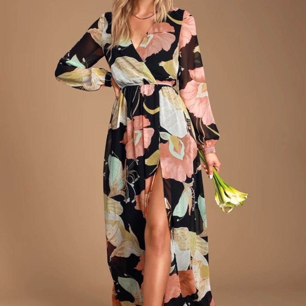 Lulus Wonderous Water Lillies Floral Maxi Dress Black Peach Small